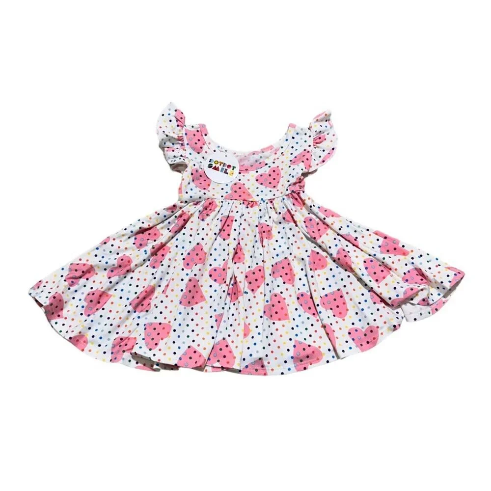 Dot Dot Smile Size 12/24M Empire Dress Pink Heart Polka Dot Flutter Sleeve Twirl